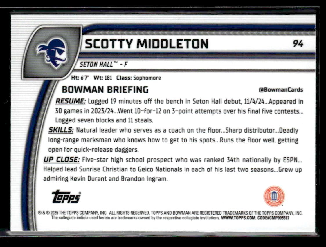 2024-25 Bowman University Chrome #94 Scotty Middleton Purple Lava Refractor