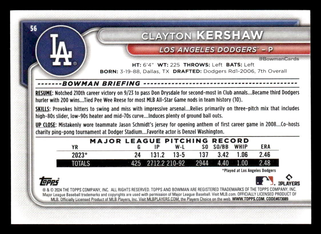 2024 Bowman #56 Clayton Kershaw