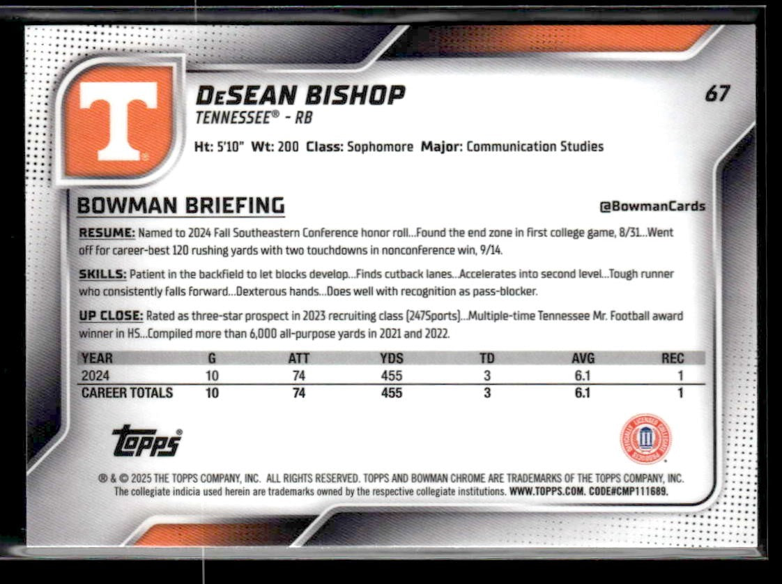 2025 Bowman University Chrome #67 DeSean Bishop