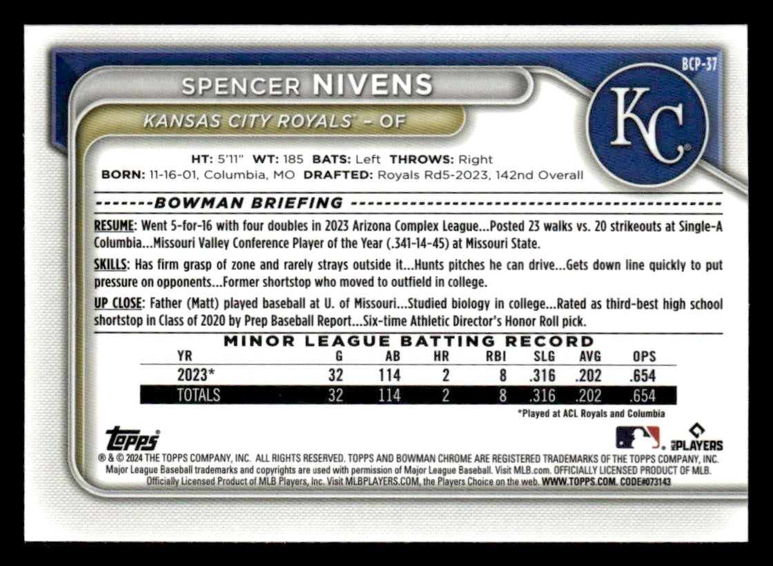 2024 Bowman #BCP-37 Spencer Nivens Chrome Prospects