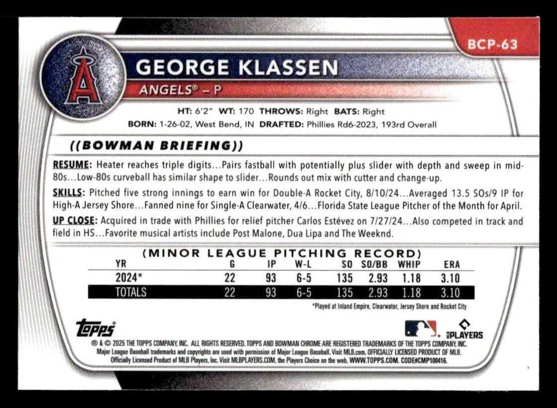 2025 Bowman #BCP-63 George Klassen Chrome Prospects