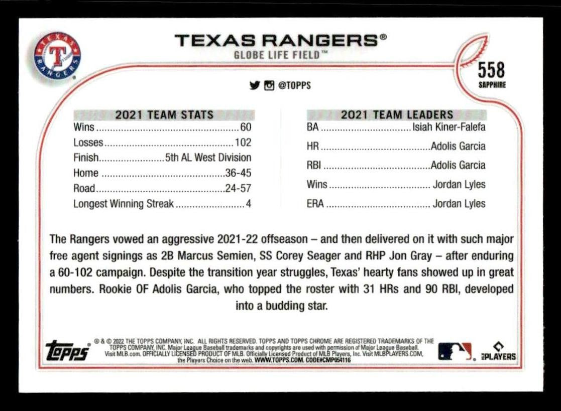 2022 Topps Chrome Sapphire Edition #558 Texas Rangers