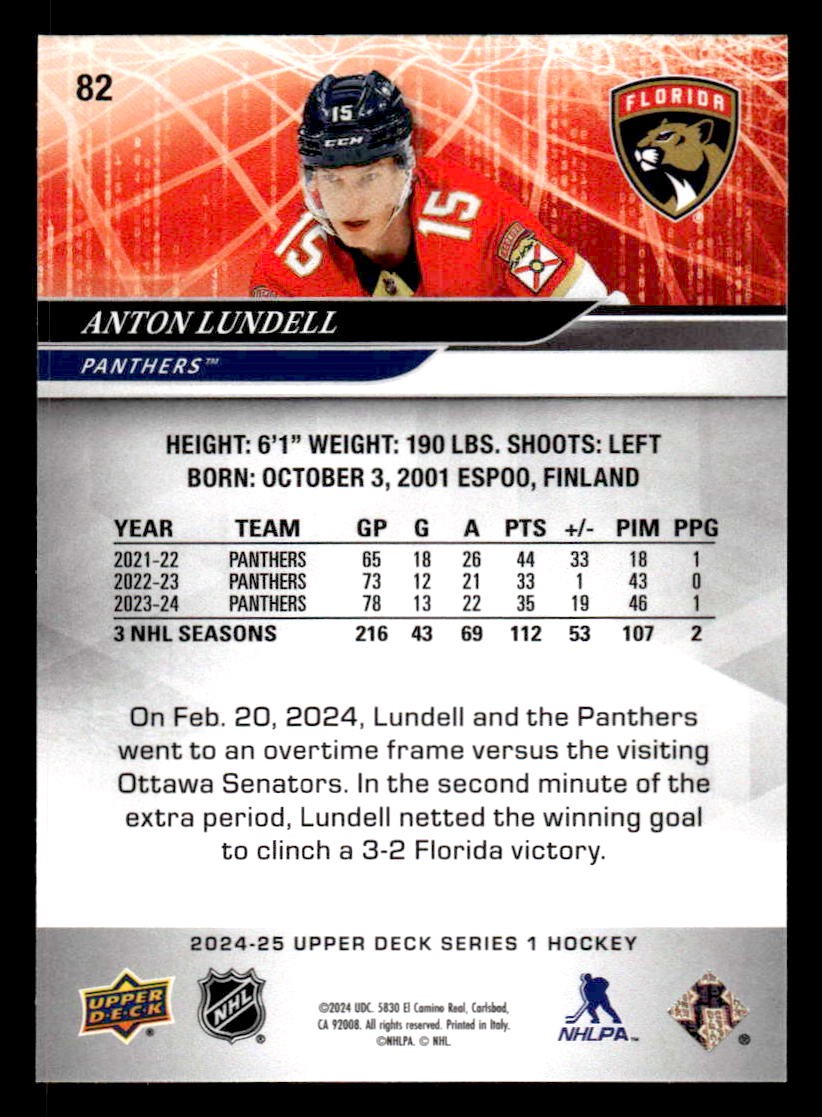 2024-25 Upper Deck #82 Anton Lundell