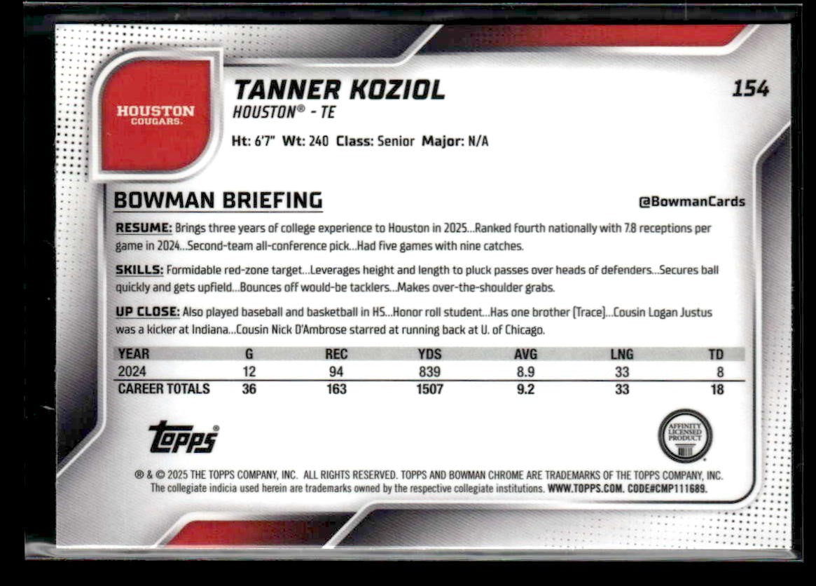 2025 Bowman University Chrome #154 Tanner Koziol