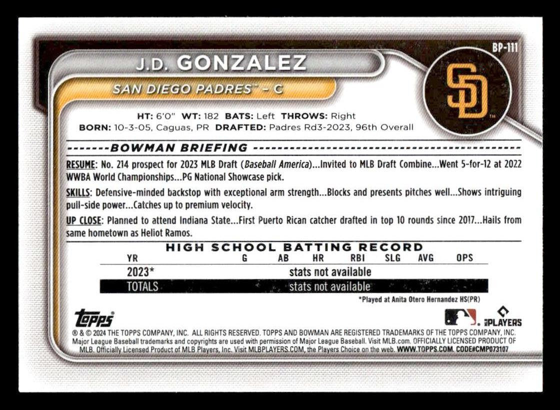 2024 Bowman #BP-111 J.D. Gonzalez Prospects