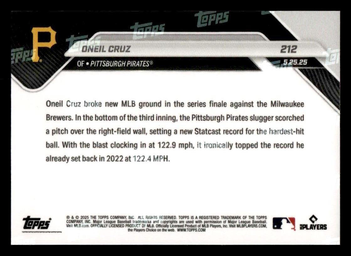 2025 Topps Now #212 Oneil Cruz 122.9 MPH HR Breaks Record