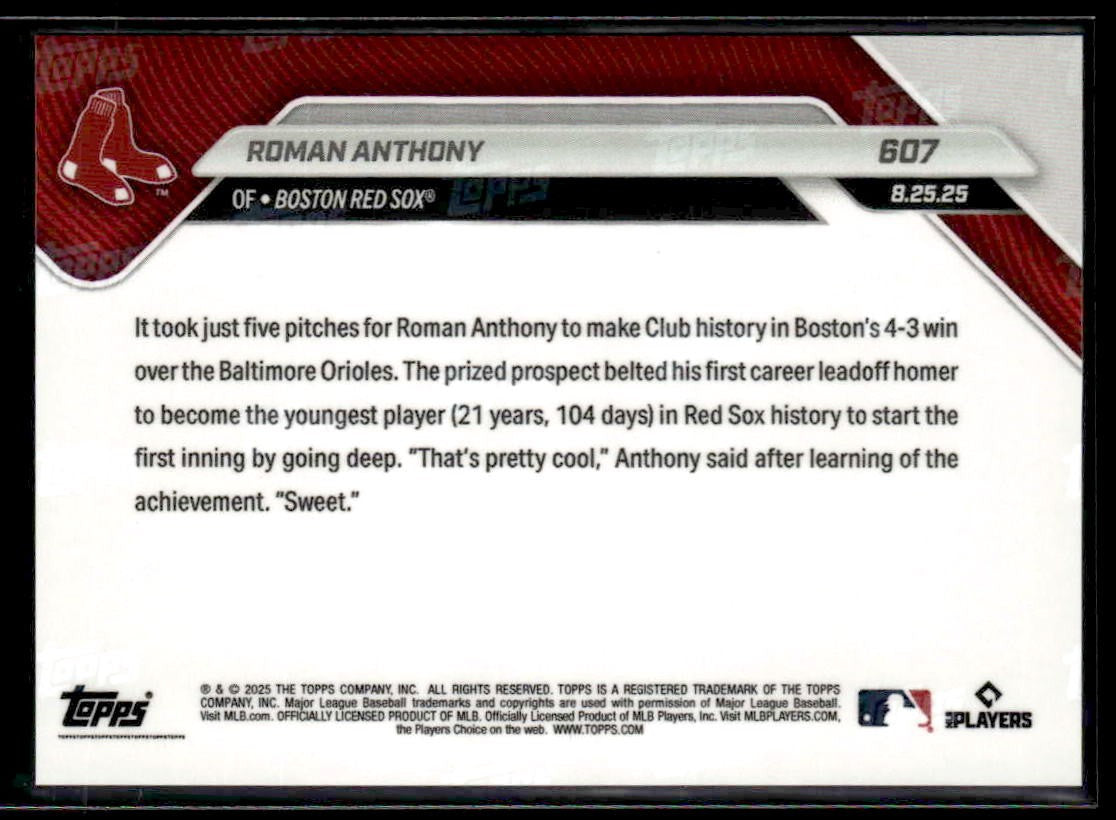 2025 Topps Now #607 Roman Anthony Youngest Red Sox to hit Leadoff HR