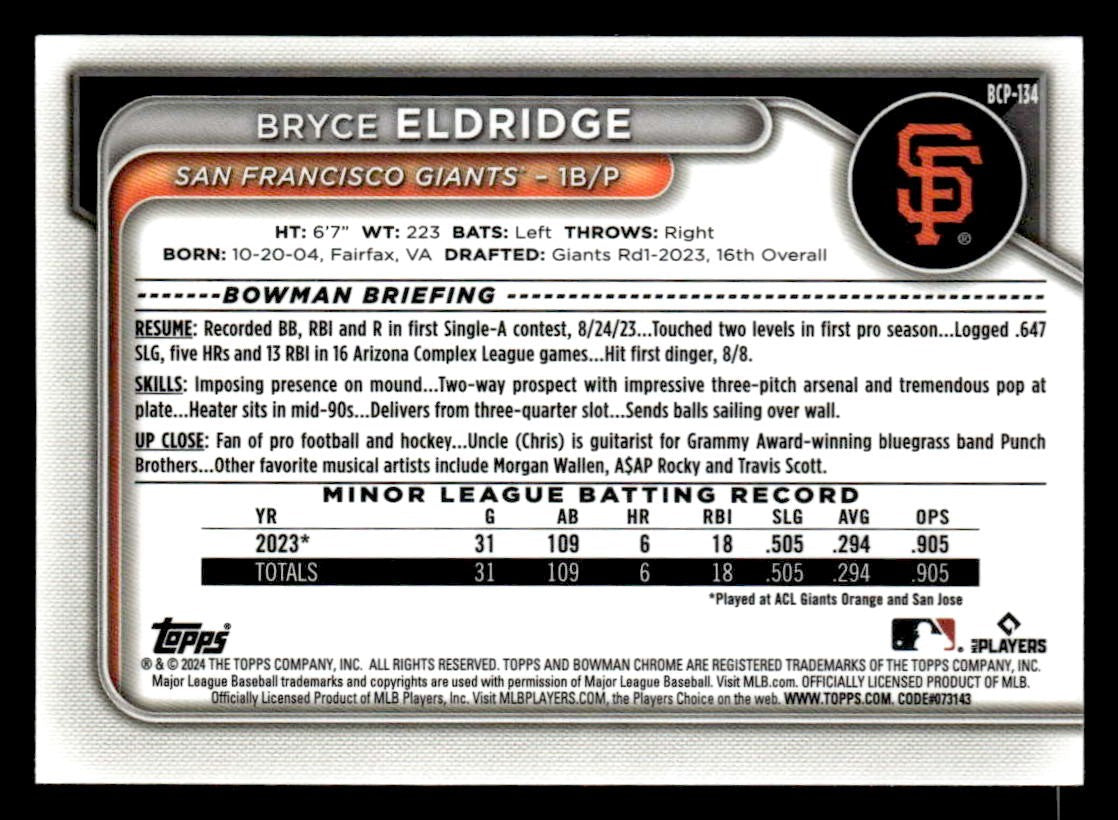 2024 Bowman #BCP-134 Bryce Eldridge Chrome Prospects