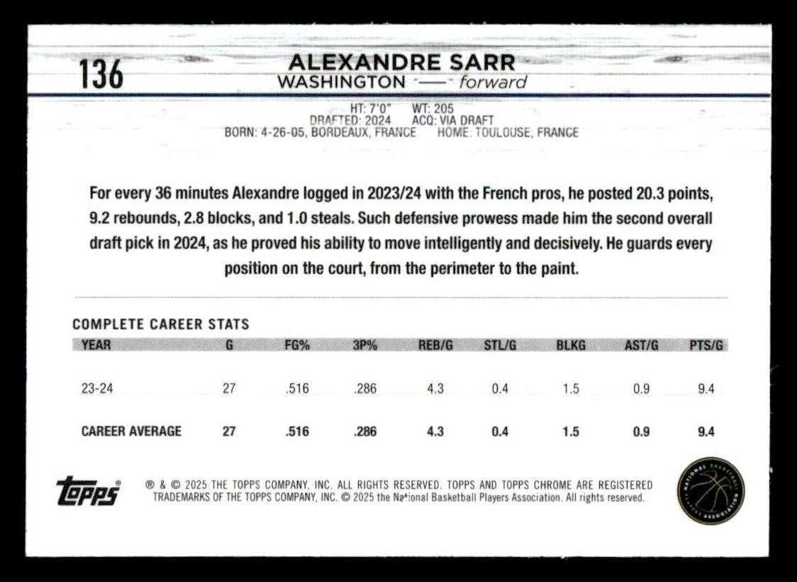 2024-25 Topps Chrome #136 Alexandre Sarr