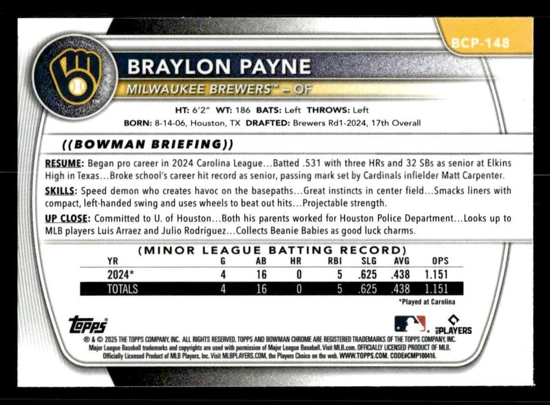 2025 Bowman #BCP-148 Braylon Payne Chrome Prospects