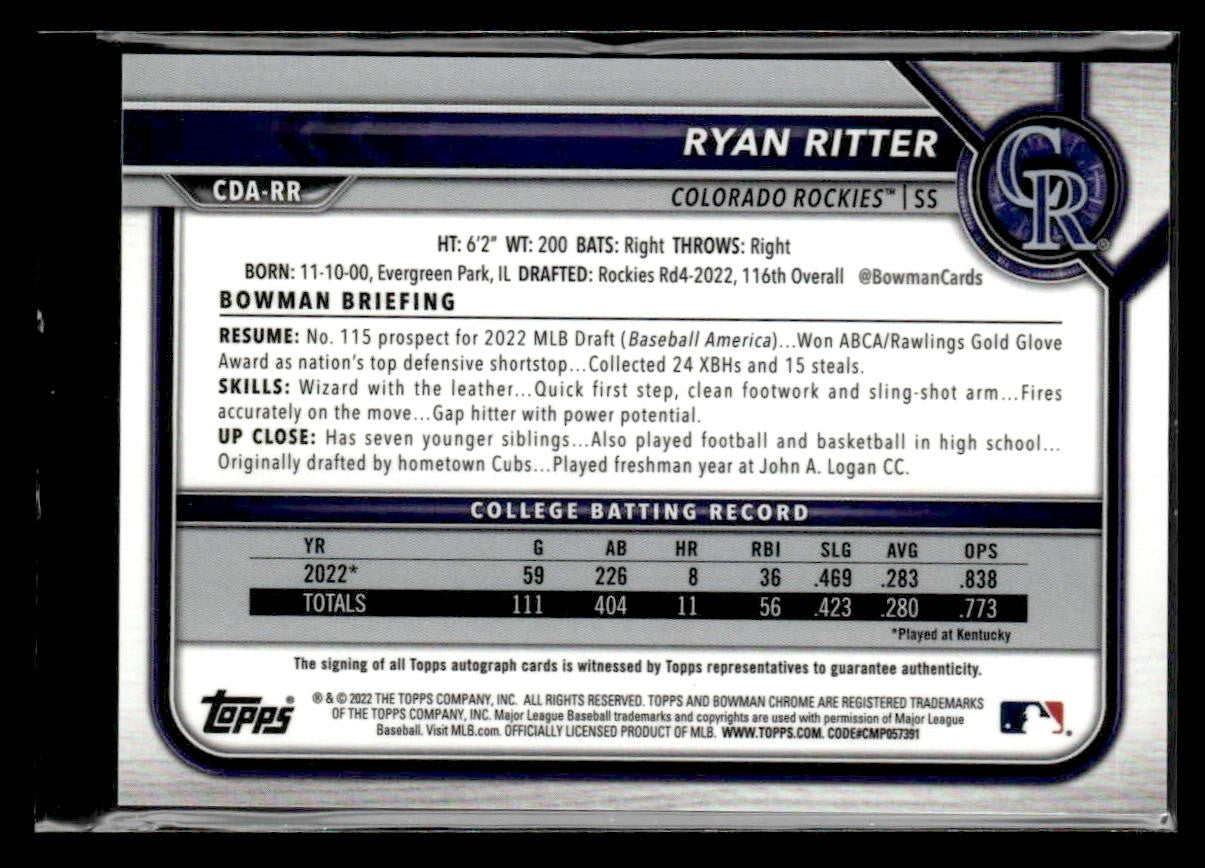 2022 Bowman Draft #CDA-RR Ryan Ritter Chrome Draft Pick Autographs