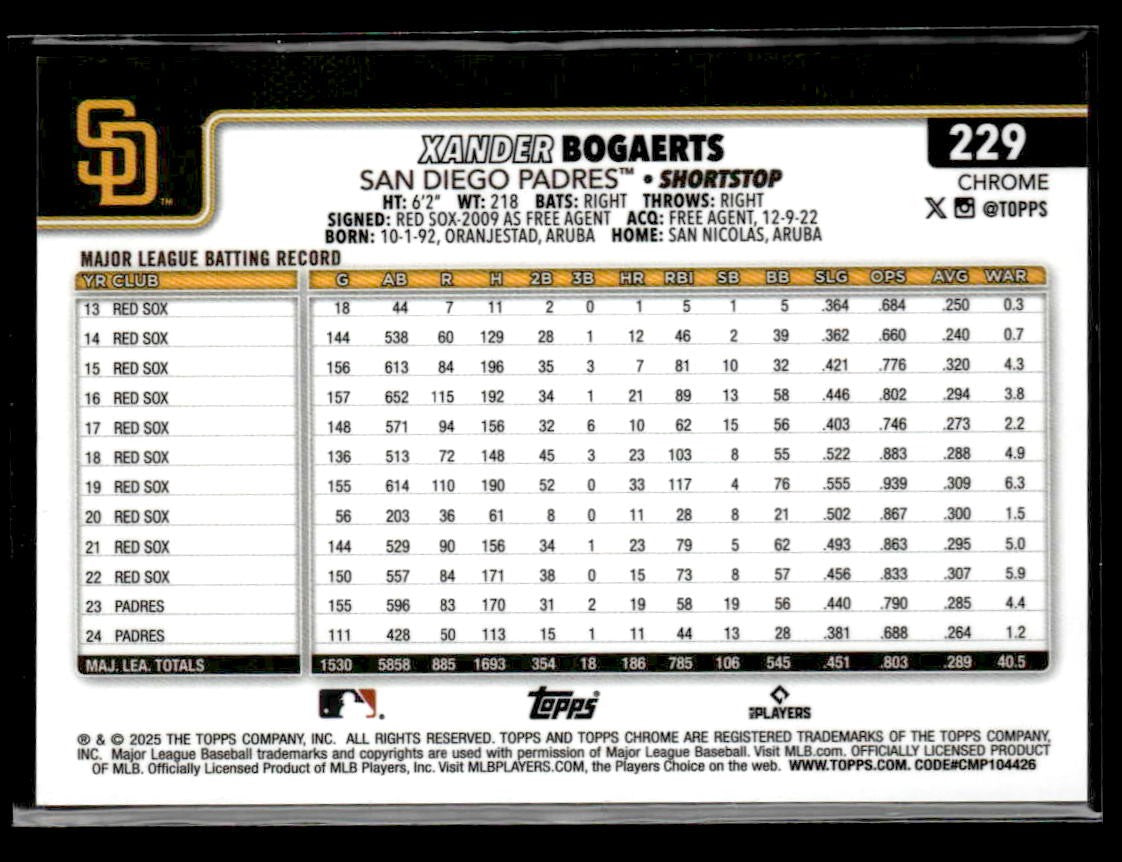 2025 Topps Chrome #229 Xander Bogaerts Gold Wave Refractors #/50