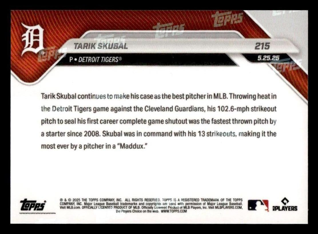 2025 Topps Now #215 Tarik Skubal 13 Ks sets MLB record in 1st career CG