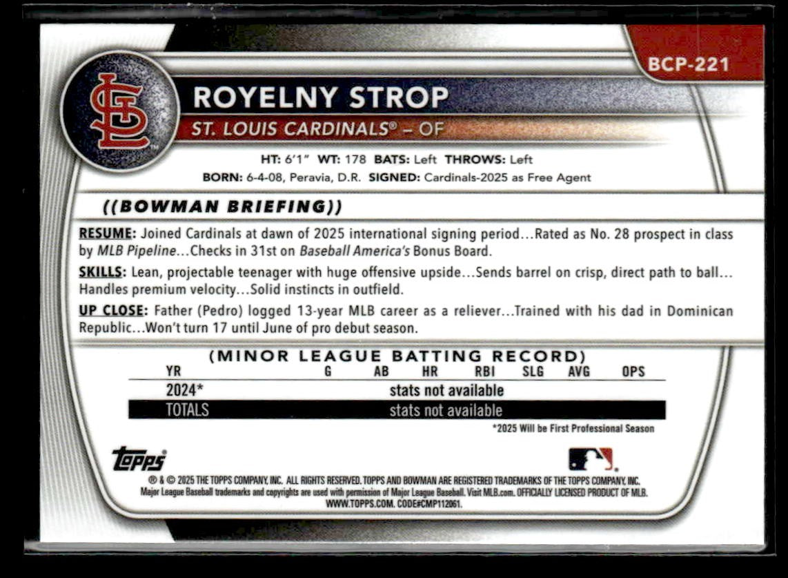 2025 Bowman Chrome #BCP-221 Royelny Strop