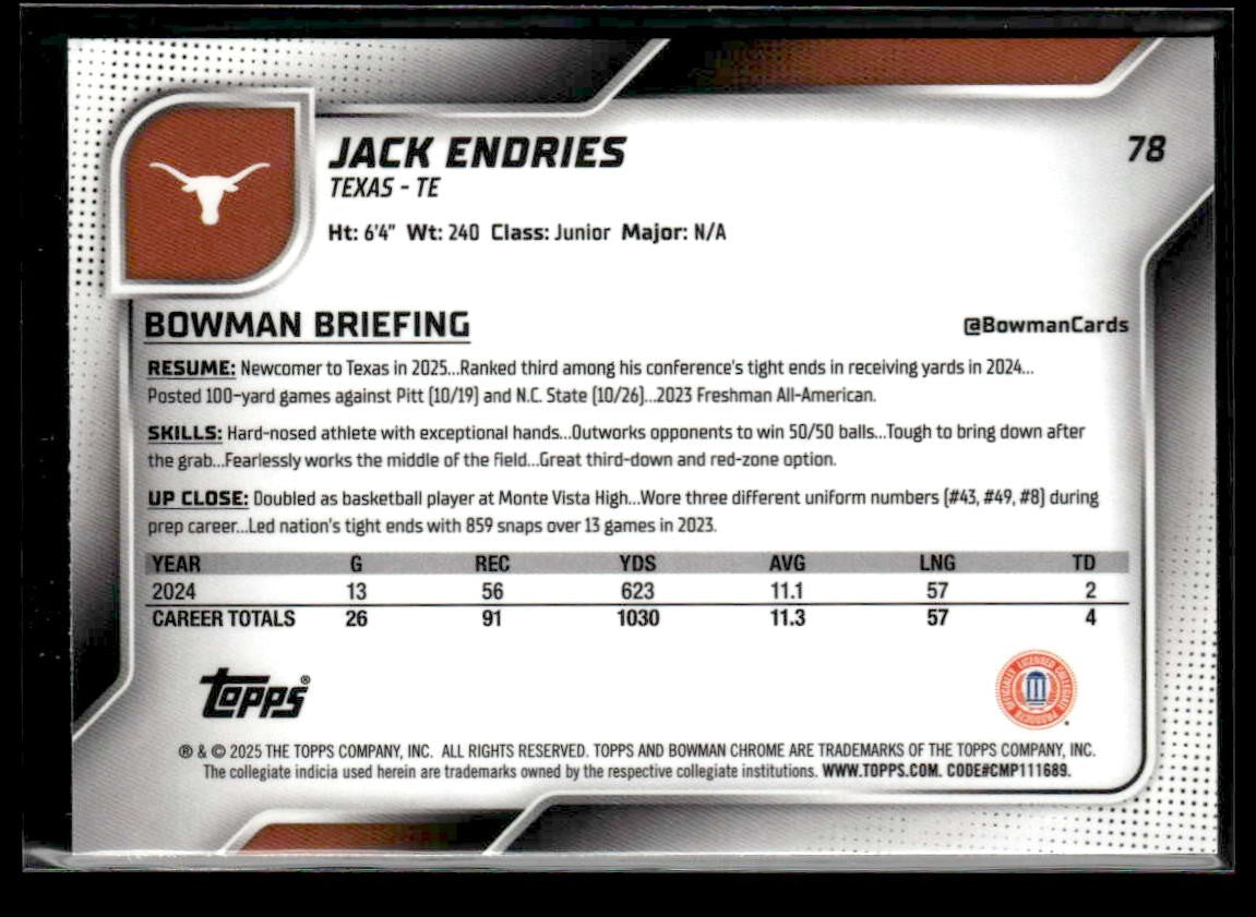 2025 Bowman University Chrome #78 Jack Endries