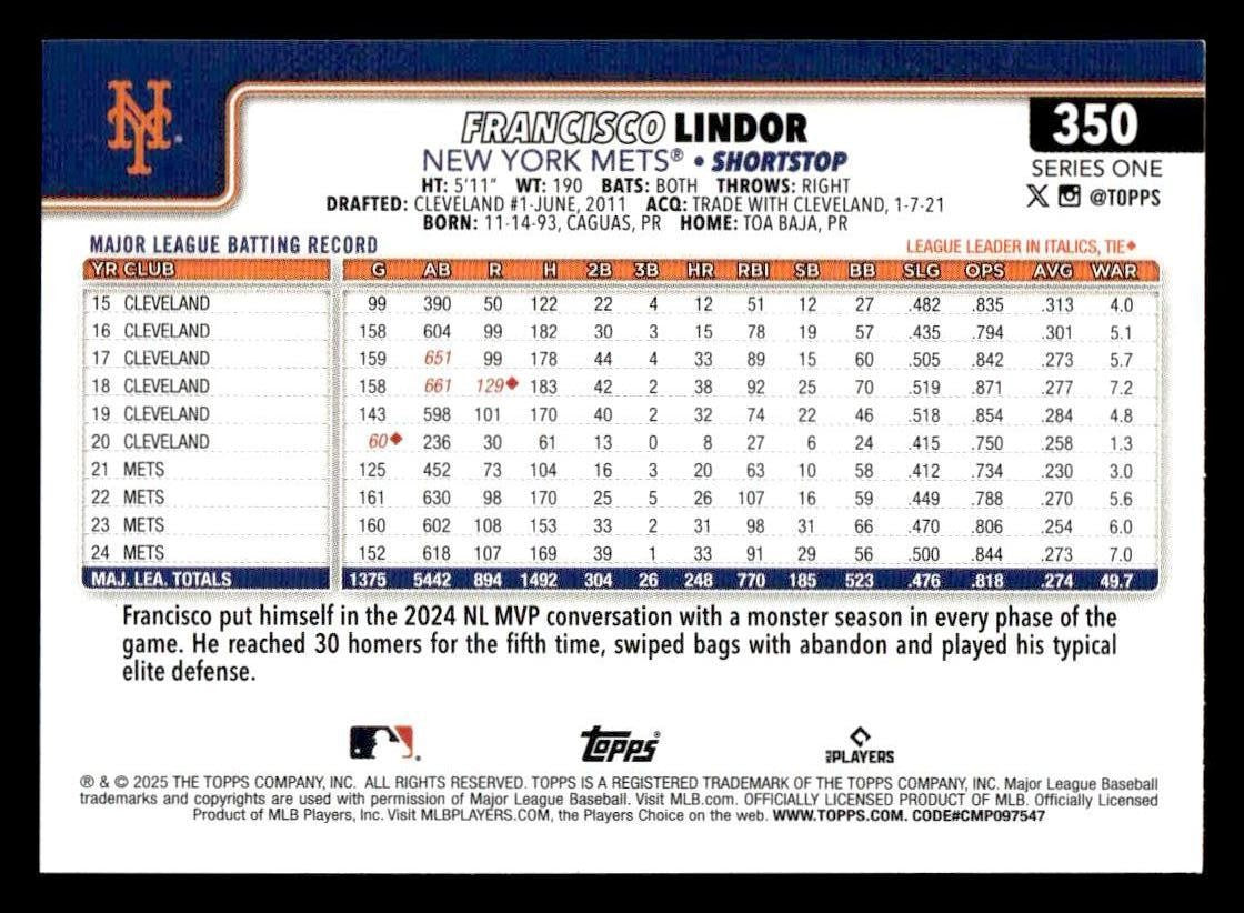 2025 Topps #350 Francisco Lindor