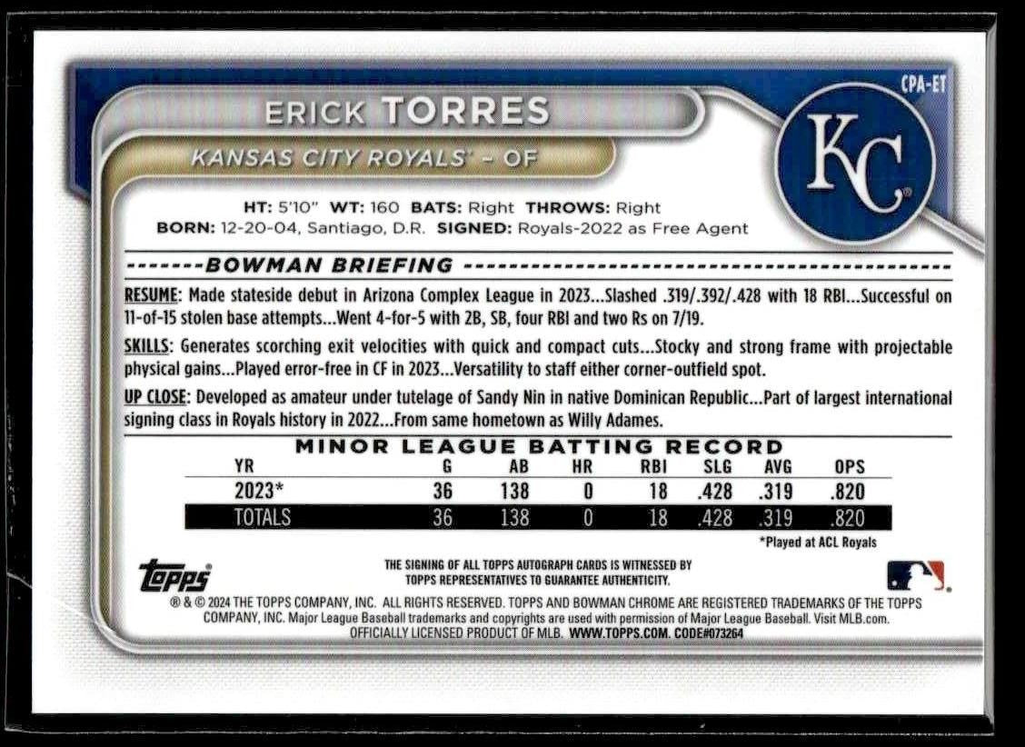 2024 Bowman #CPA-ET Erick Torres Chrome Prospects Autos Purple Refractors #/250