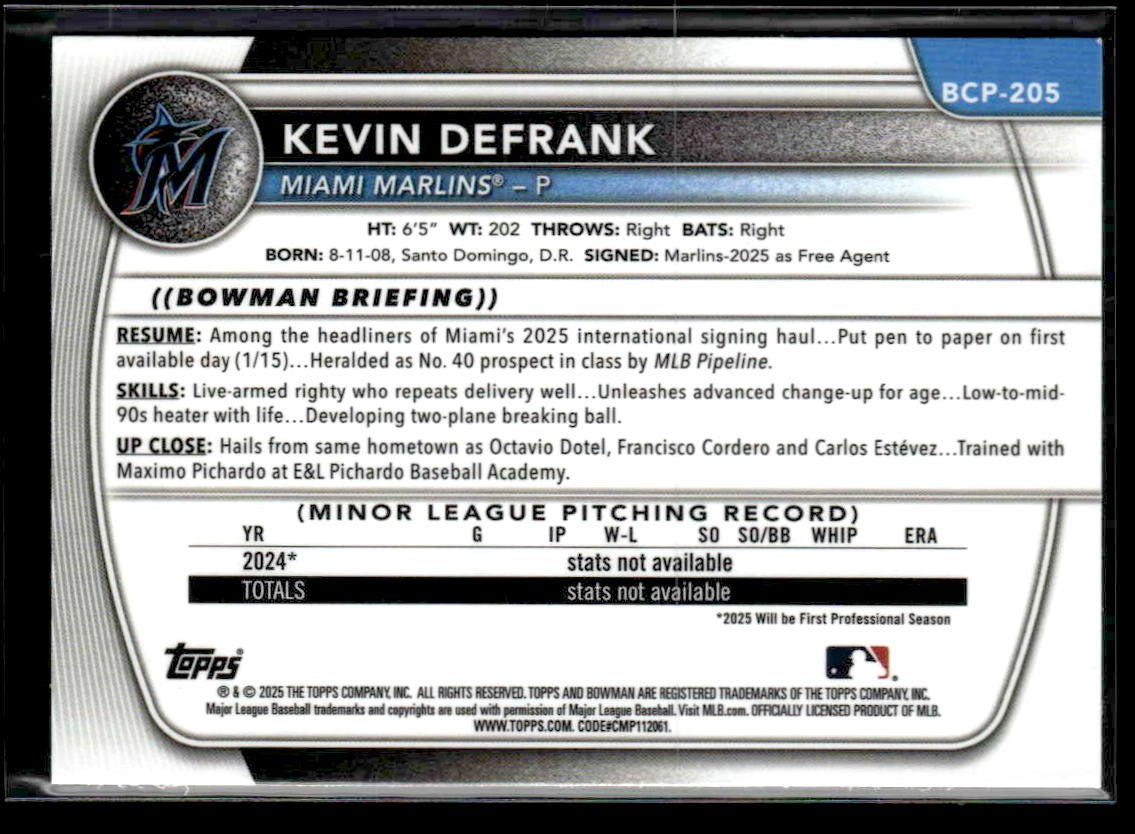 2025 Bowman Chrome #BCP-205 Kevin Defrank