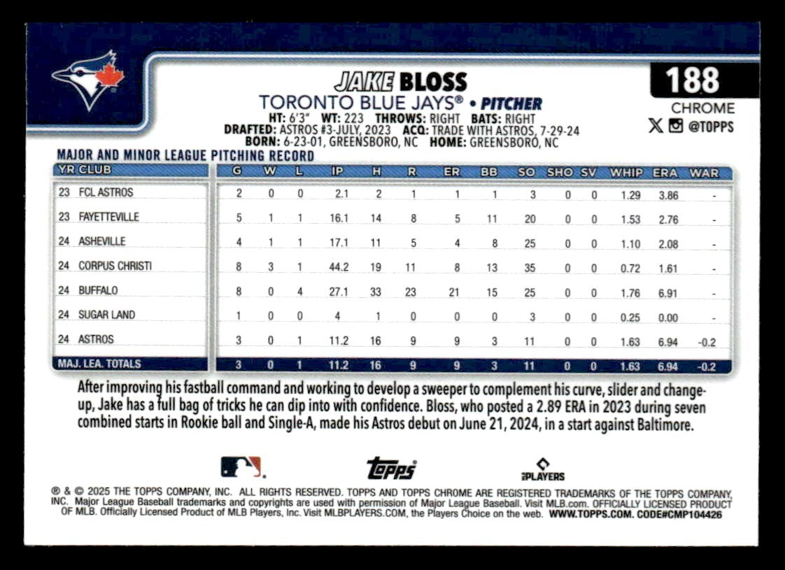 2025 Topps Chrome #188 Jake Bloss X-Fractors
