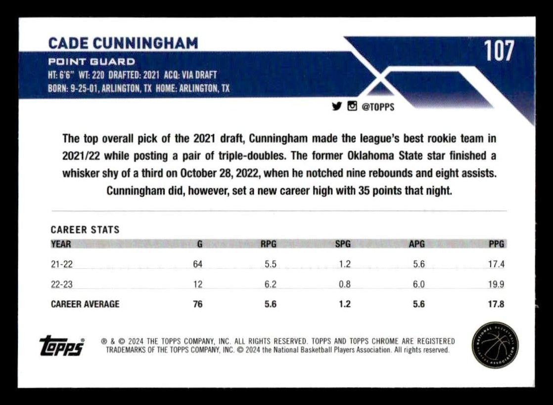 2023-24 Topps Chrome Sapphire Edition #107 Cade Cunningham