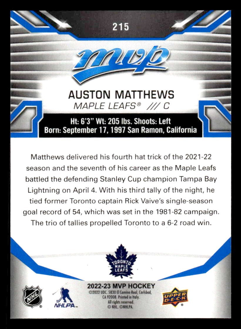2022-23 Upper Deck MVP #215 Auston Matthews Blue Script