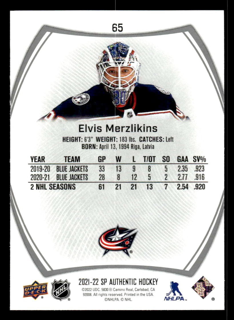 2021-22 SP Authentic #65 Elvis Merzlikins