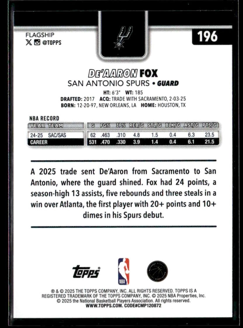 2025-26 Topps #196 De'Aaron Fox