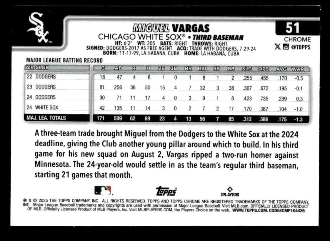 2025 Topps Chrome #51 Miguel Vargas Prism Refractors