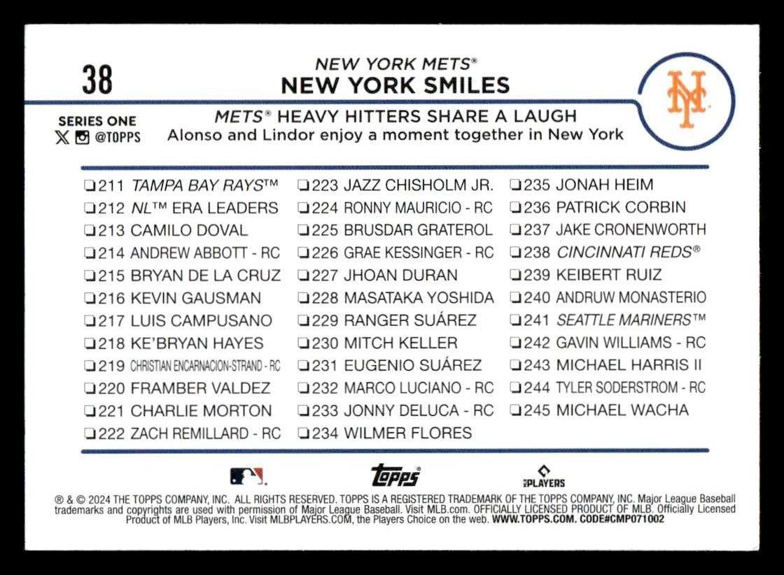 2024 Topps #38 New York Smiles: Mets Heavy Hitters Share a Laugh