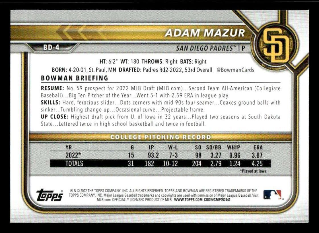 2022 Bowman Draft 1st Edition #BD-4 Adam Mazur