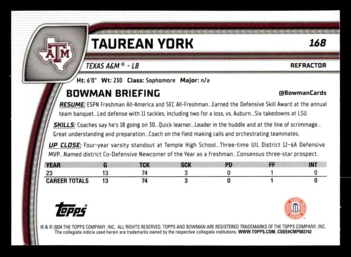 2024 Bowman University Chrome #168 Taurean York Refractor