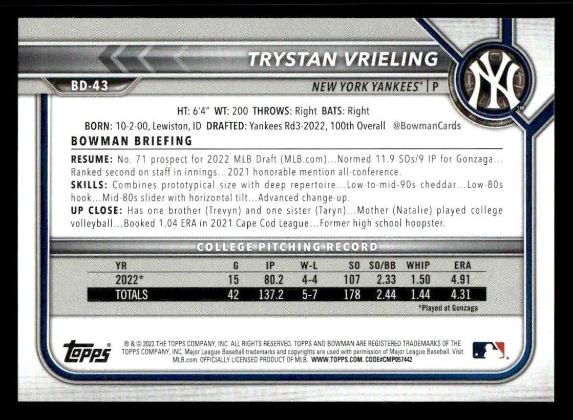 2022 Bowman Draft 1st Edition #BD-43 Trystan Vrieling