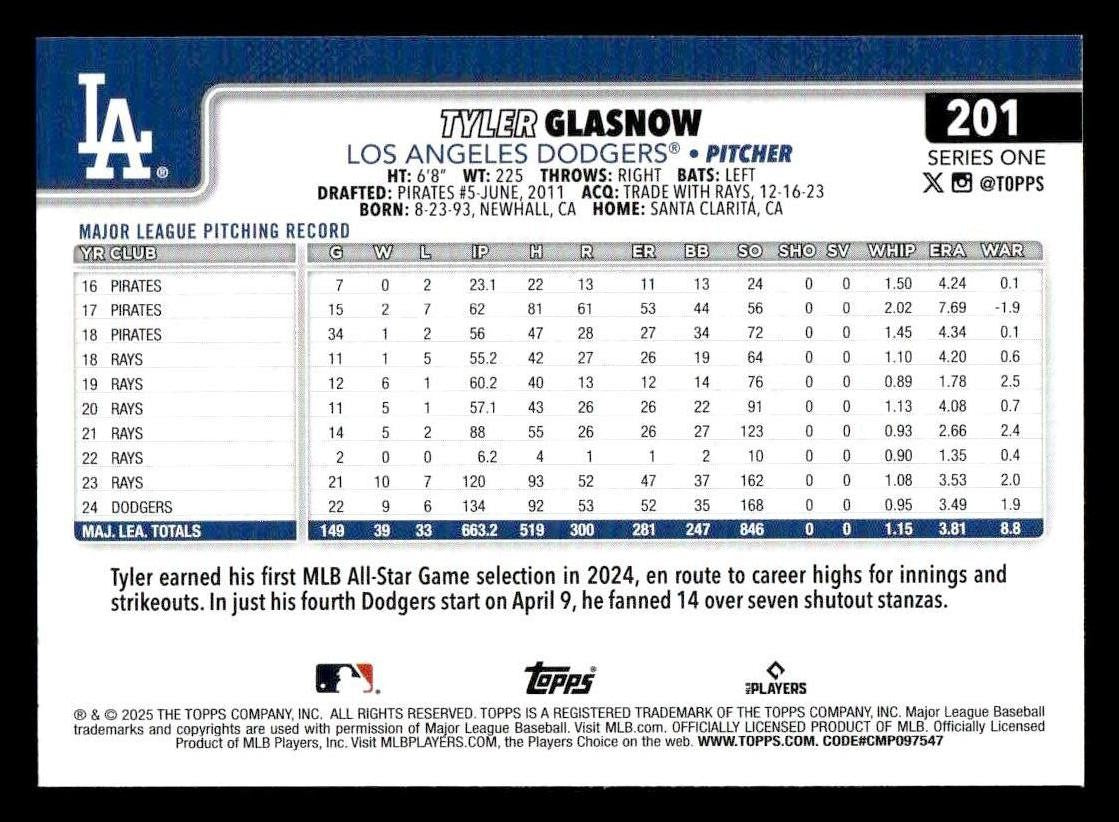 2025 Topps #201 Tyler Glasnow
