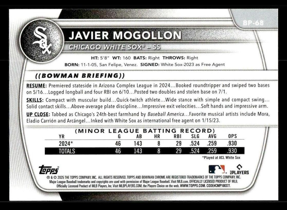 2025 Bowman #BP-68 Javier Mogollon Prospects