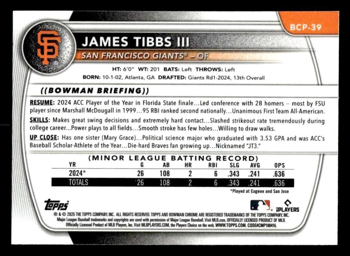 2025 Bowman #BCP-39 James Tibbs III Chrome Prospects