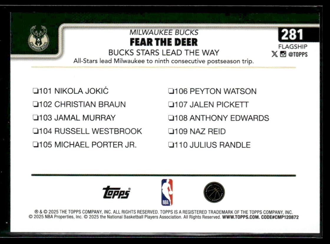2025-26 Topps #281 Fear the Deer: Bucks Stars Lead the Way