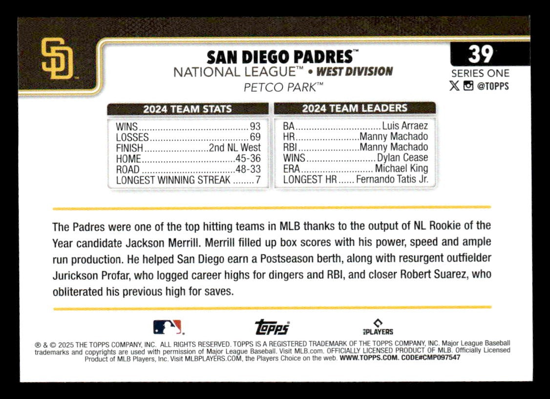 2025 Topps #39 San Diego Padres