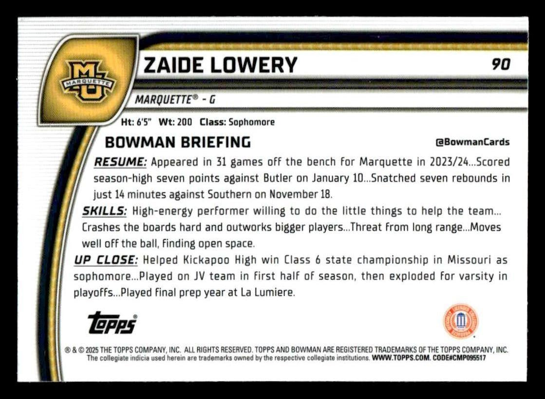 2024-25 Bowman University Chrome #90 Zaide Lowery