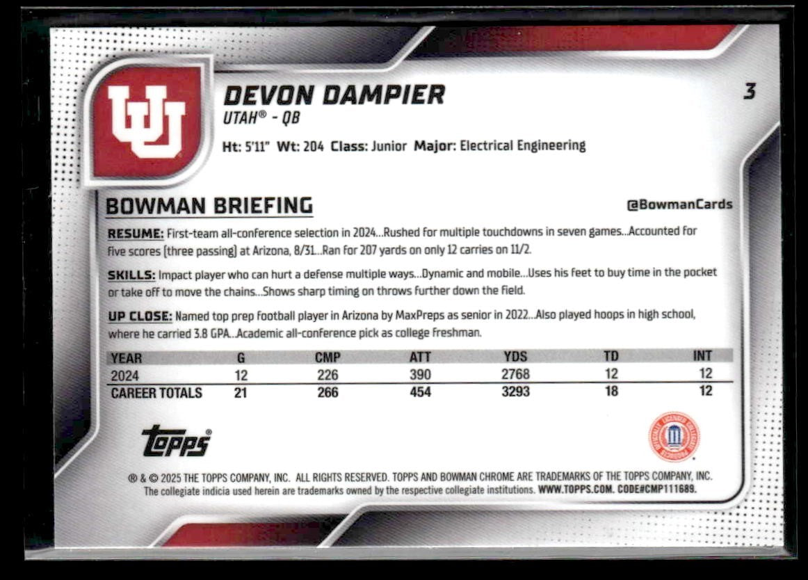 2025 Bowman University Chrome #3 Devon Dampier
