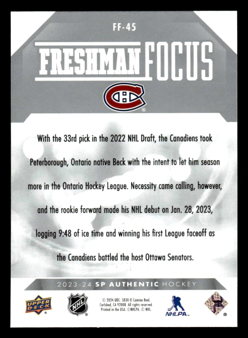 2023-24 SP Authentic #FF-45 Owen Beck Freshman Focus