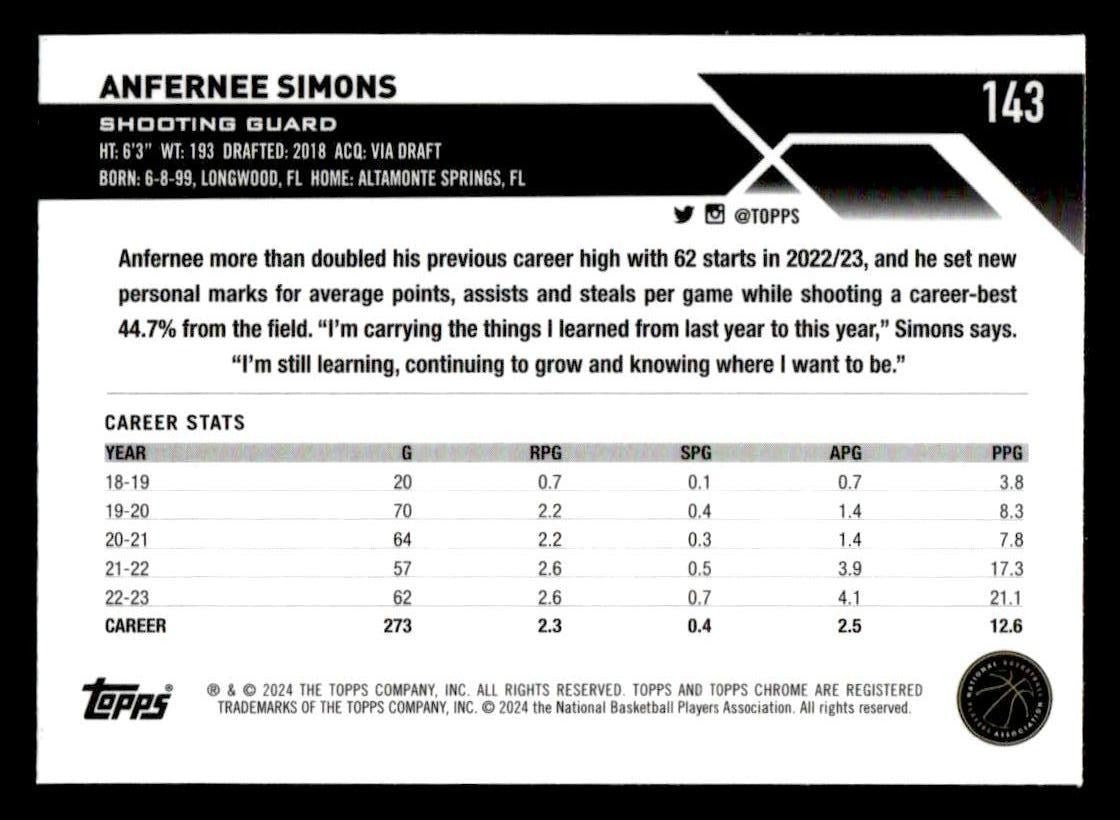 2023-24 Topps Chrome Sapphire Edition #143 Anfernee Simons