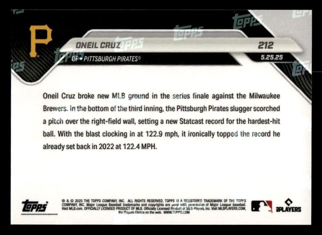 2025 Topps Now #212 Oneil Cruz 122.9 MPH HR Breaks Records - Gold #/50