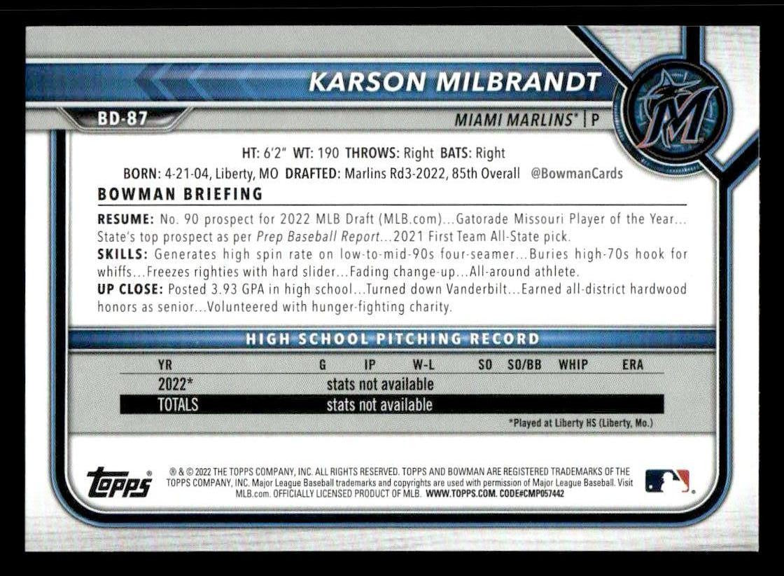 2022 Bowman Draft 1st Edition #BD-87 Karson Milbrandt