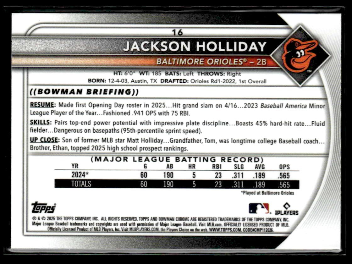 2025 Bowman Chrome #16 Jackson Holliday Fuchsia Wave Refractor #002/299