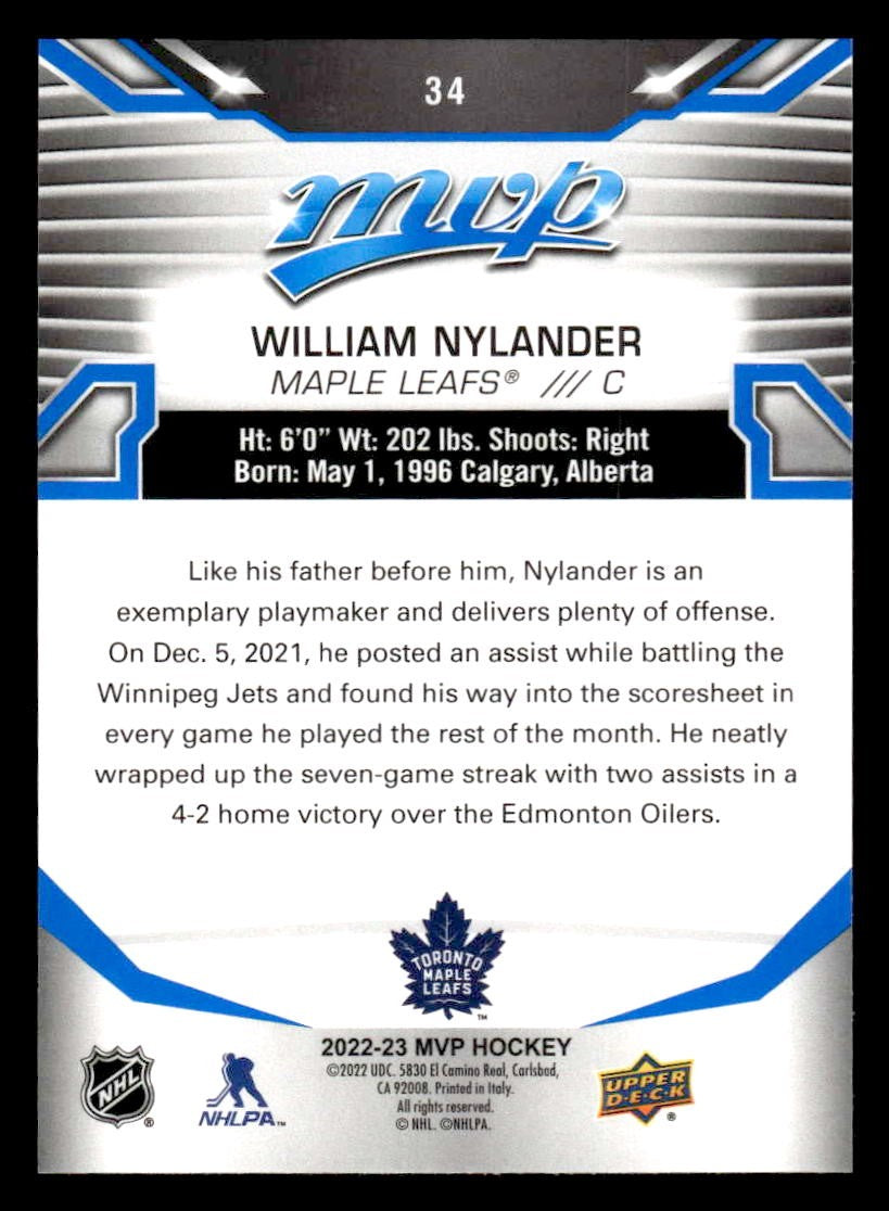2022-23 Upper Deck MVP #34 William Nylander Blue Script
