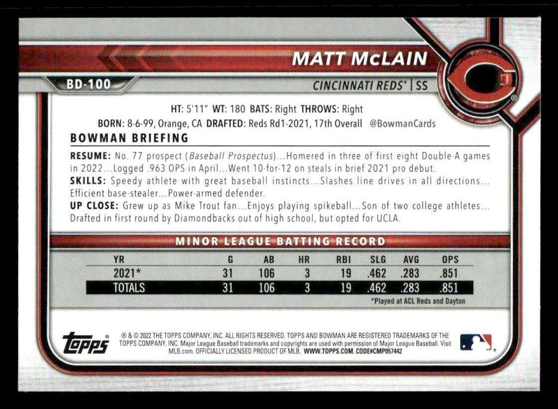 2022 Bowman Draft 1st Edition #BD-100 Matt McLain