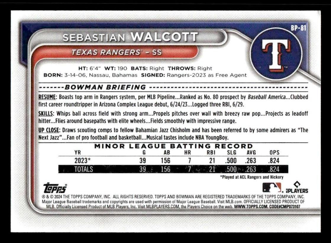 2024 Bowman #BP-81 Sebastian Walcott Prospects