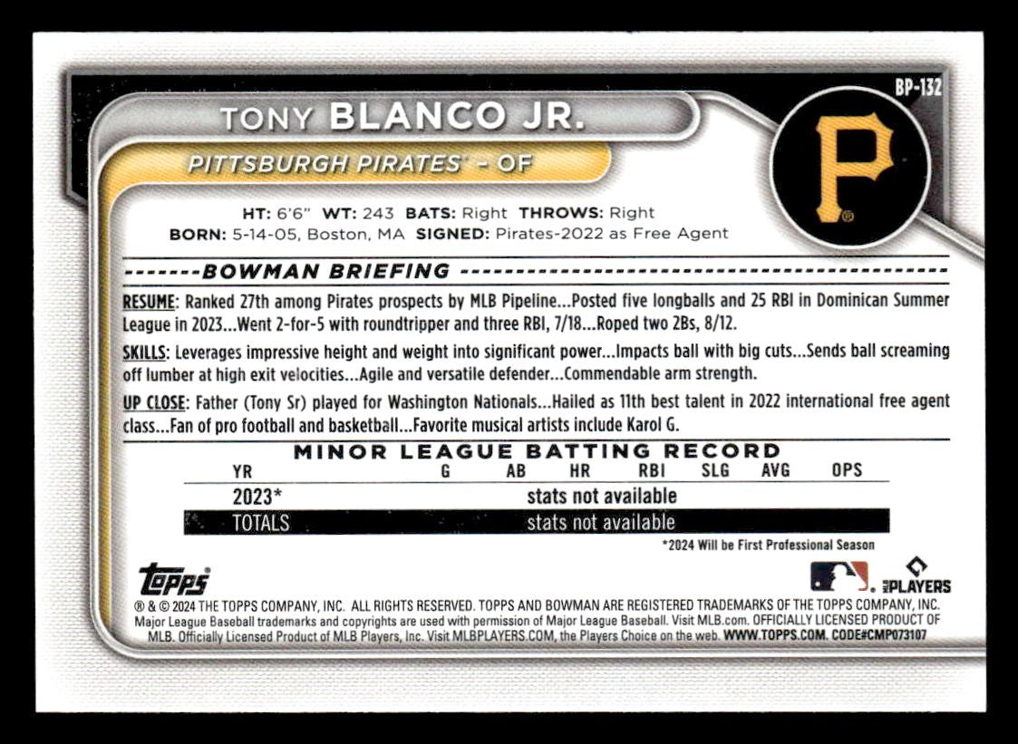 2024 Bowman #BP-132 Tony Blanco Jr. Prospects