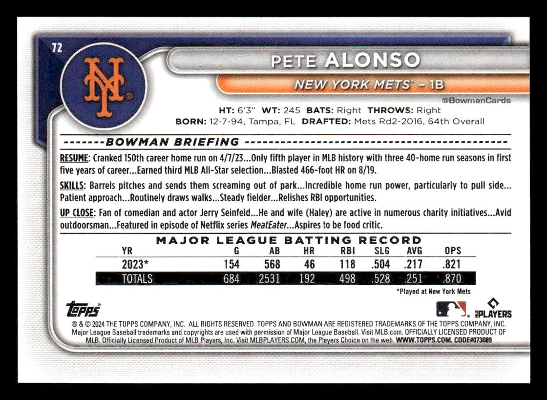 2024 Bowman #72 Pete Alonso