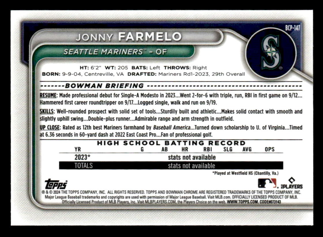 2024 Bowman #BCP-147 Jonny Farmelo Chrome Prospects